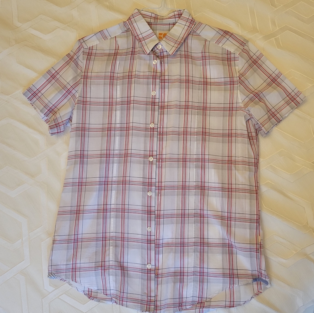 Hugo Boss Orange Red and Gray Plaid Button Down Short Sleeve Shirt